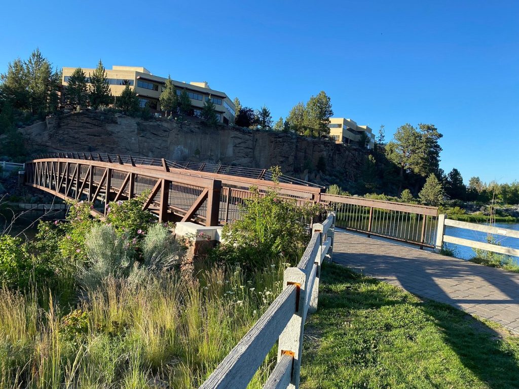 Old Mill District pedestrian bridge across